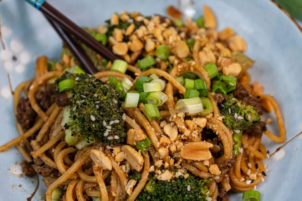 Close up of "beef" and broccoli noodles