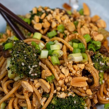 Close up of "beef" and broccoli noodles