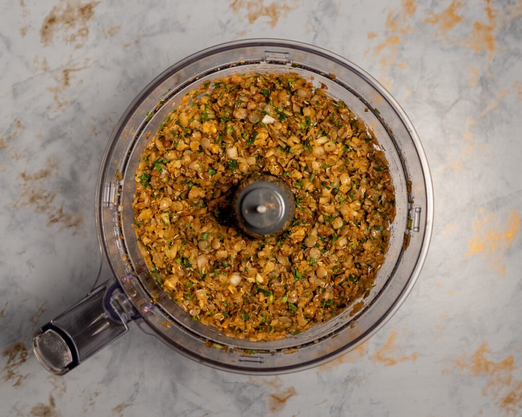 Walnuts, lentils, onion, garlic, parsley, and spices blended together in a food processor.