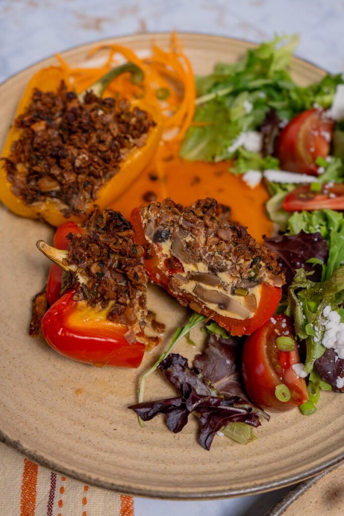 A cut through view of the stuffed bell pepper.