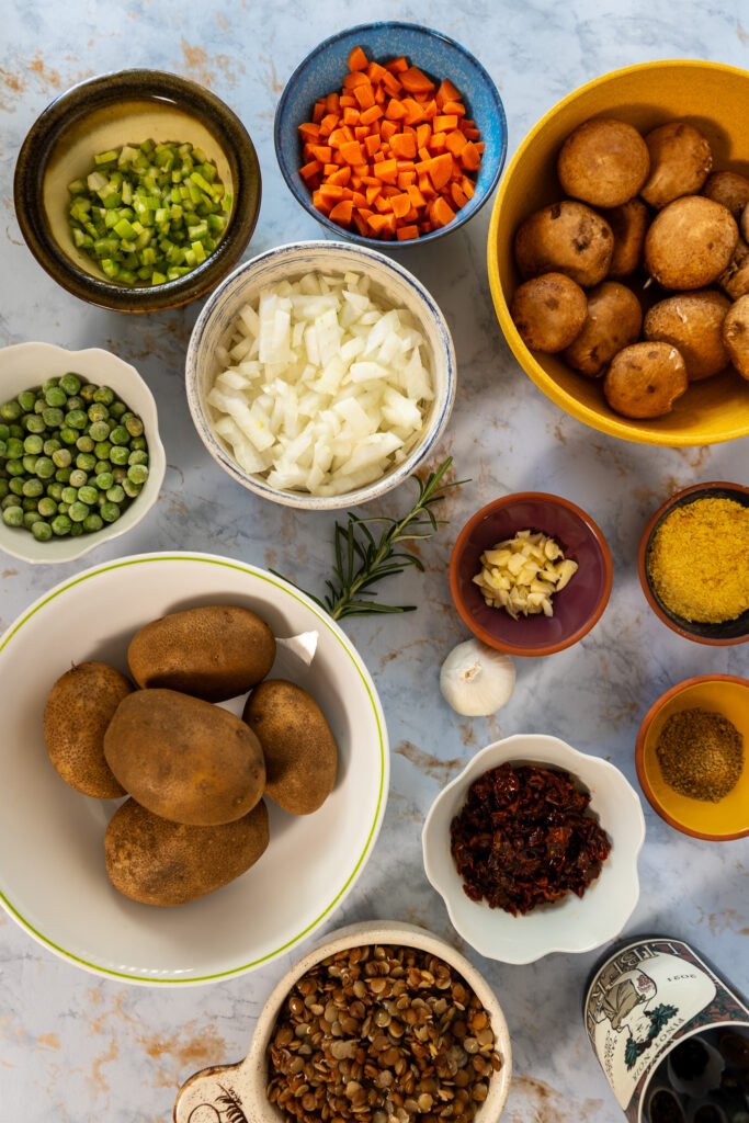 All of the ingredients of the shepherds pie.