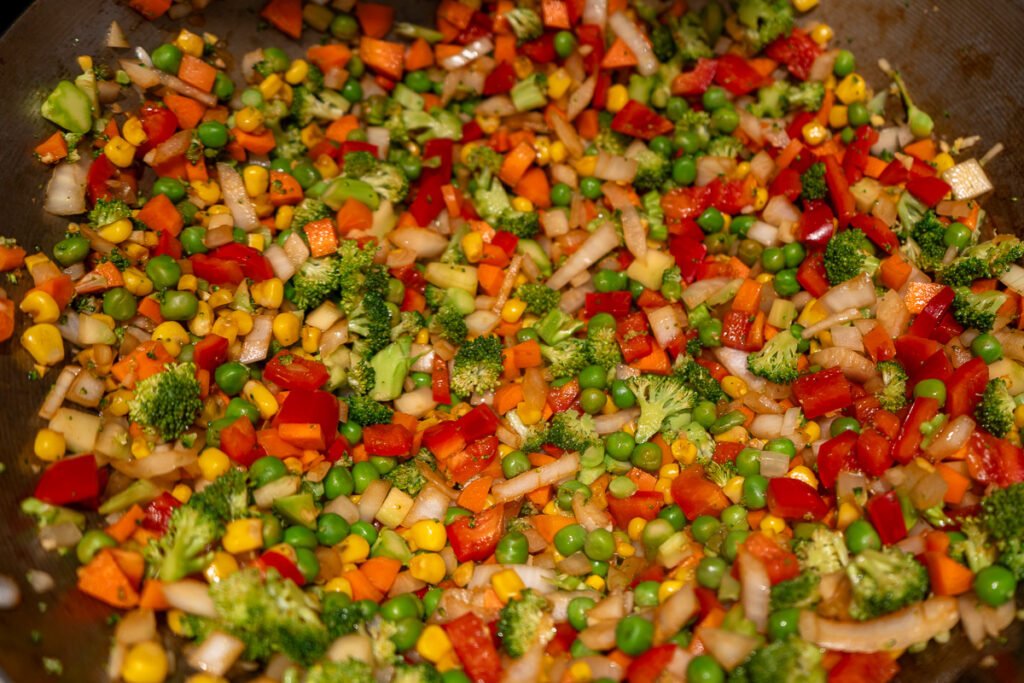 Chopped veggies in a wok