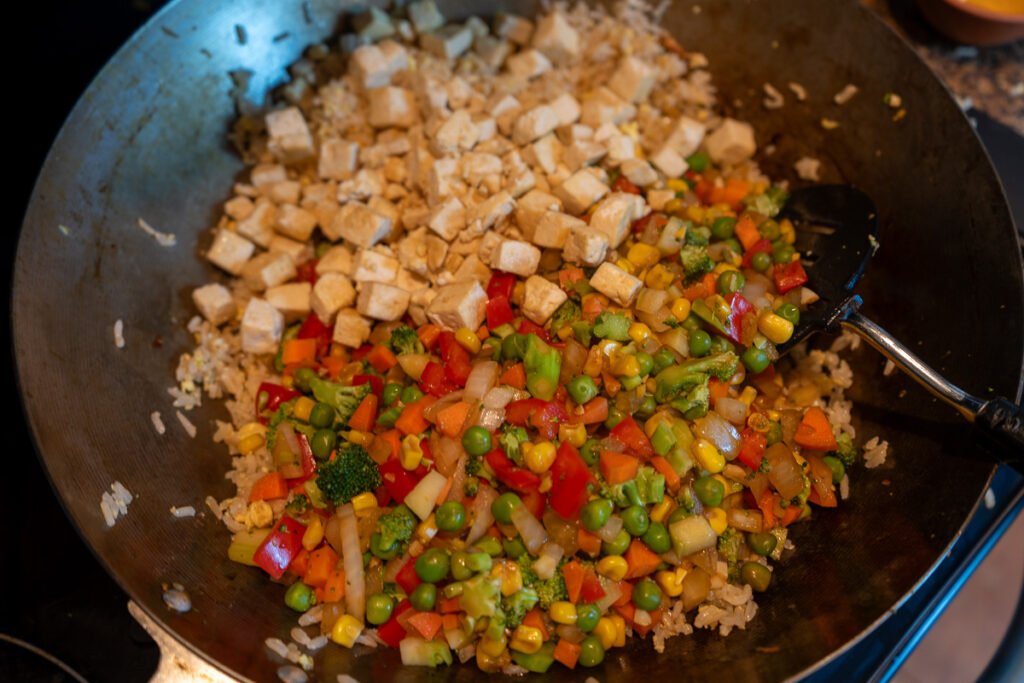 All the ingredients in the wok.