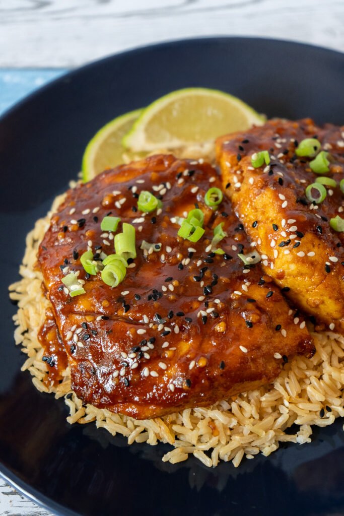 Honey Sriracha Tofu cutlets on a bed of rice