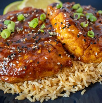 Honey Sriracha Tofu cutlets on a bed of rice