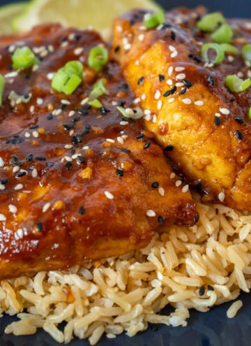 Honey Sriracha Tofu cutlets on a bed of rice