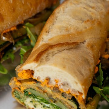 A close up of the roasted veggie sandwich