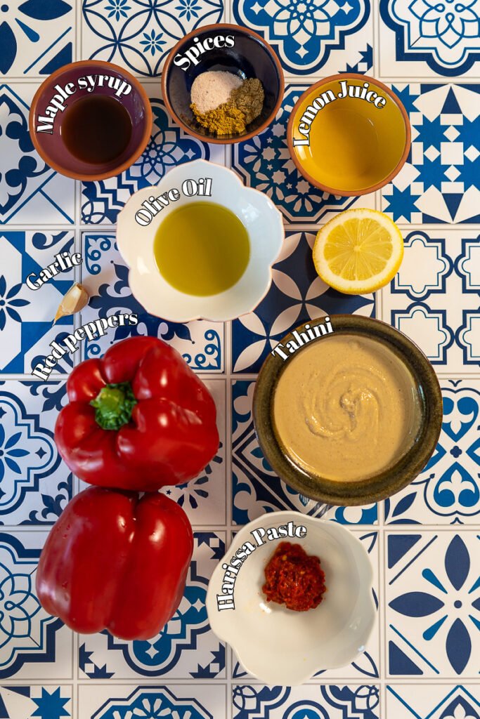 Ingredients for Spicy Roasted Red Pepper Tahini DIp