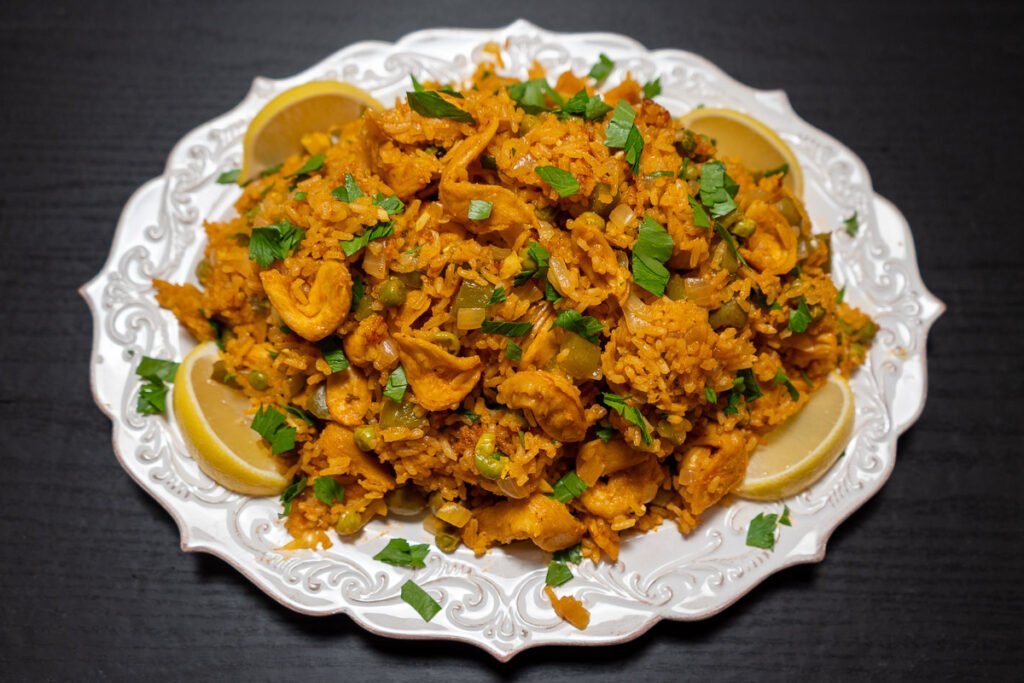 Arroz con Pollo on a white plate